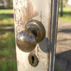 Aged brass doorknob on weathered wooden door