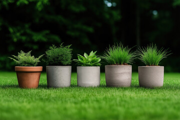 Fototapeta premium Various potted plants arranged on lush green grass in a tranquil garden setting