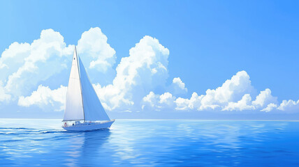 Naklejka premium A sailboat glides over a calm blue ocean under a clear sky, leaving a gentle wake trailing behind.