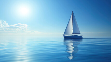 Obraz premium A sailboat glides over a calm blue ocean under a clear sky, leaving a gentle wake trailing behind.