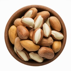 Obraz premium Bowl of Raw Nuts: An overhead shot captures a rustic wooden bowl overflowing with nutritious raw nuts, showcasing their natural textures and enticing colors. 