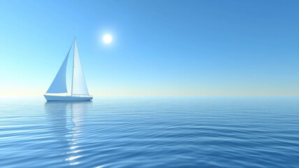 Fototapeta premium A sailboat glides over a calm blue ocean under a clear sky, leaving a gentle wake trailing behind.