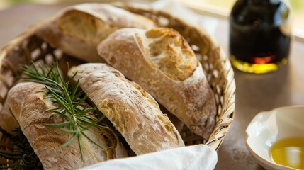A rustic bread basket filled with freshly baked artisan bread, served with flavored olive oil and balsamic vinegar for dipping