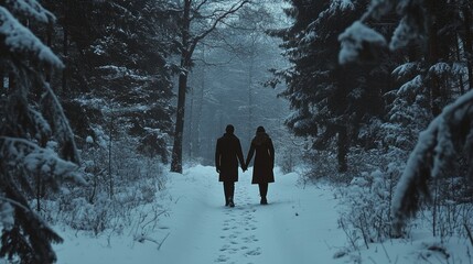 Naklejka premium A romantic couple walking hand in hand through a snowy forest, leaving footprints in fresh snow, dressed in warm winter coats and scarves, surrounded by frosty trees and serene nature