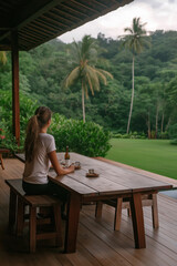Fototapeta premium Relaxing at a wooden table in a tropical garden during a peaceful afternoon