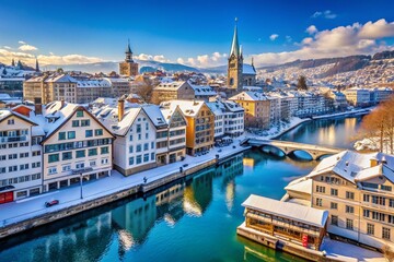 Obraz premium Winter Wonderland in Zurich: A Serene Cityscape with Snow-Covered Rooftops and Scenic River Views, Capturing the Essence of a Magical Swiss Winter Scene