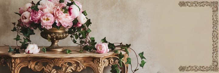 Rococo-inspired vase with peonies and ivy on antique carved table in beige room