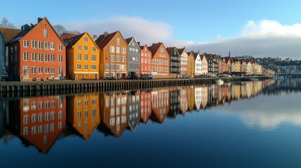 Fototapeta premium Colorful houses reflecting on calm riverbank, scenic neighborhood view