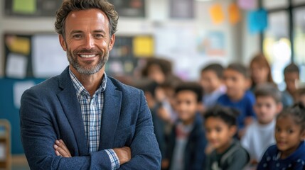 Fototapeta premium Portrait of smiling teacher with arms crossed in front of classroom of elementary school students