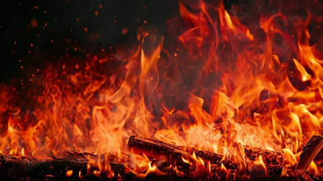 A close-up view of a roaring fire with vibrant flames and glowing embers against a dark background