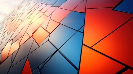 Abstract geometric pattern with red, blue and black tiles and bright sunset.