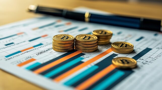 Stacked Bitcoin coins placed on financial data charts with analysis graphs and pen in background, emphasizing cryptocurrency investment trends and economic insights.