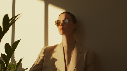 Fototapeta premium Tranquil Elegance: Serene Luxury Fashion in Beige - Indoor Sunlit Scene with Delicate Shadows