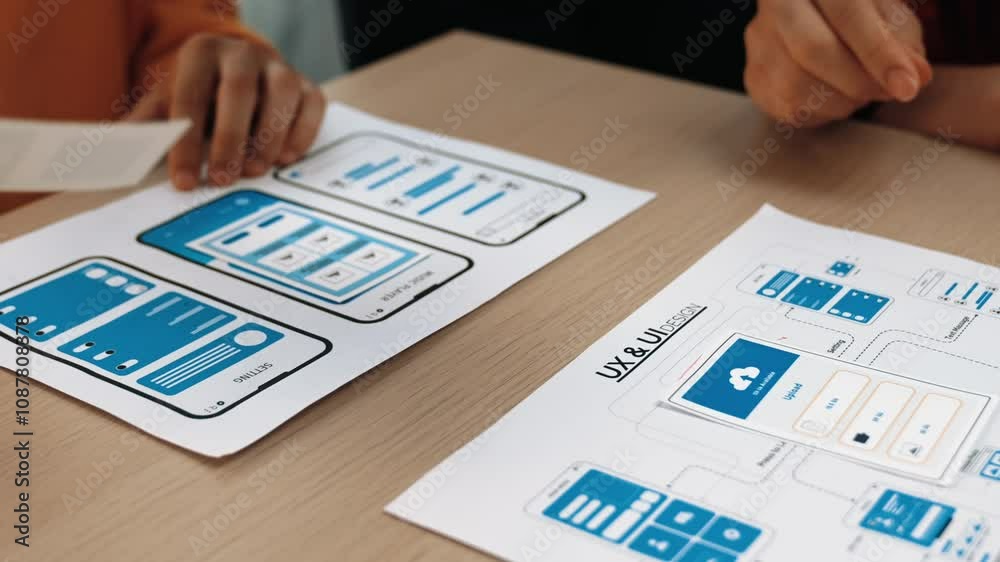 Wall mural panorama video of startup company employee planning on user interface prototype for mobile applicati