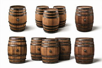 Obraz premium Rustic Barrels: A collection of wooden barrels, each showcasing intricate craftsmanship with metal bands, offer a glimpse into the art of aging beverages, suggesting traditions of wine and whisky