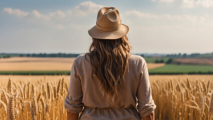 Obraz premium back view a female farmer standing looking at a wheat field