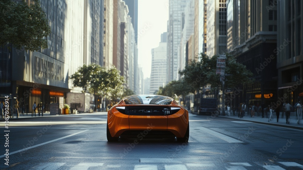 Aufkleber an autonomous vehicle drives through a busy city, demonstrating its innovative ai systems while blen