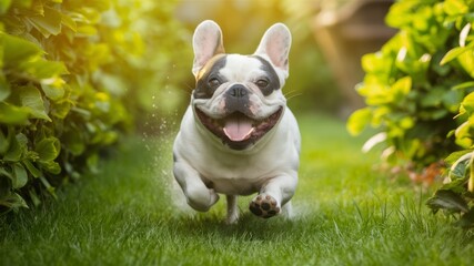 Joyful French Bulldog: A cheerful French Bulldog with a happy expression, ears perked and tongue playfully lolling, dashes through a sun-dappled grassy area.