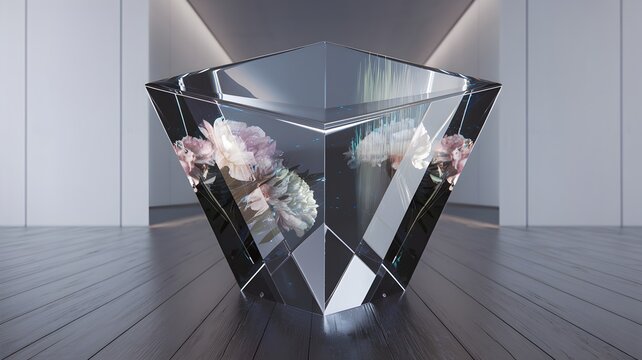 3D render of angular vase with holographic flowers in modern room
