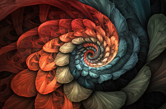 Abstract art, 3D fractal spiral, biomorphic patterns, artistic design, saturated colors, complex structure, fractals in the form of a nautilus shell