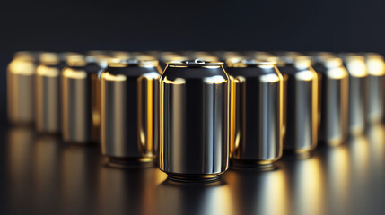 A group of sleek, metallic beverage cans arranged in rows, illuminated by warm, dramatic lighting against a dark background.

