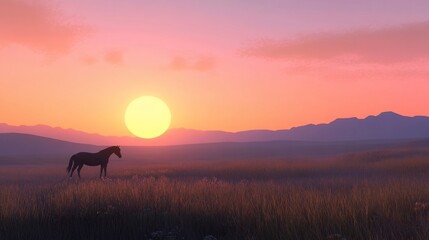 A serene landscape featuring a horse against a vibrant sunset in a grassy field.