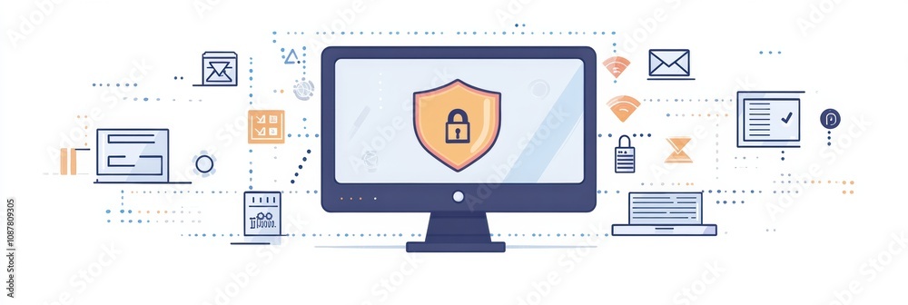 Aufkleber a shield and lock icon appear on a computer screen, illustrating vital concepts of online safety and