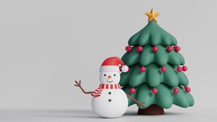 3d illustration of a cute snowman waving at a camera and decorated Christmas tree with space for copy