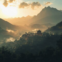 Serene sunset over misty mountains and ancient temple.