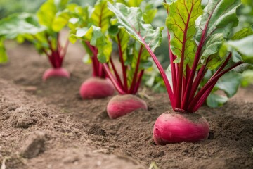 Vibrant Beetroots in the Garden: A row of fresh, vividly red beetroots bursts from the rich soil, showcasing the beauty of organic gardening and the promise of wholesome nourishment.