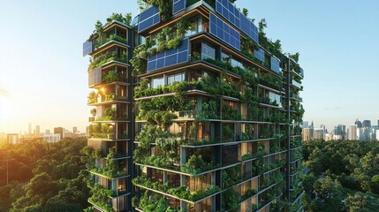 Sustainable eco-urban skyscraper with solar panels and vertical gardens integrating nature and modern architecture.