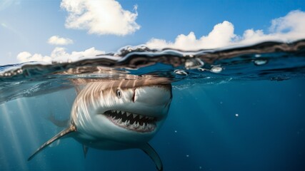 Underwater Encounter: A menacing shark, captured from a unique perspective beneath the ocean's surface, revealing its sharp teeth and powerful form against the backdrop of a sunlit sky.