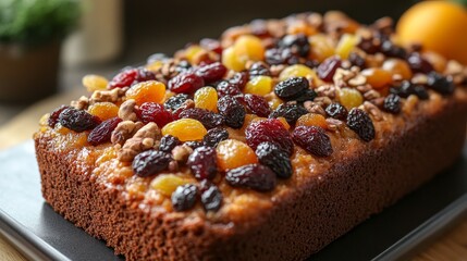 A warm fruit and nut cake bakes with vibrant dried fruits and crunchy nuts on top