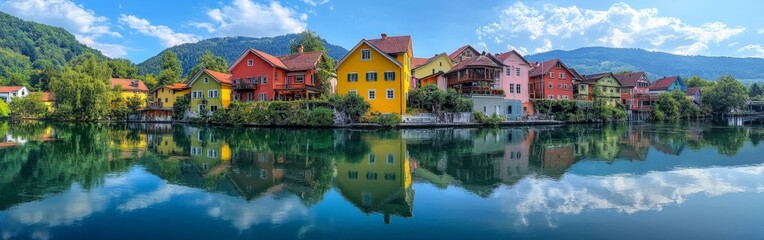 Obraz premium Colorful houses reflecting on calm riverbank, scenic neighborhood view