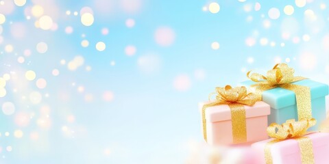 Three pastel-colored gift boxes wrapped in gold ribbons, placed against a soft, light blue background with glowing bokeh lights, perfect for celebrations.
