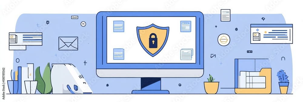 Aufkleber A computer screen shows a shield with a lock icon, emphasizing the importance of cybersecurity in today's digital landscape. Generative AI