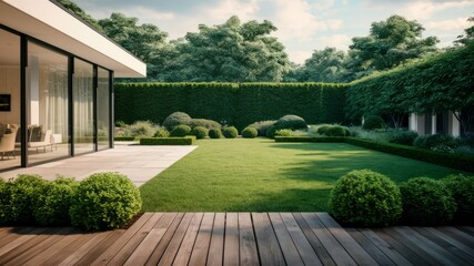 Fototapeta premium Tranquil Oasis: A modern house featuring a lush green garden, meticulously manicured hedges, and a vast lawn with a serene ambiance.