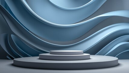 Obraz premium Elegant Display: A sleek, minimalist product display stand, artfully set against a modern, wavy background, showcasing sophistication and artistic design