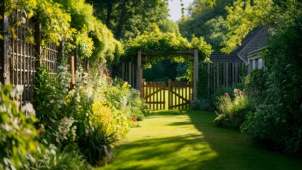 Obraz premium Enchanting Garden Vista: A verdant garden scene unfolds, with a wooden gate inviting entry. Lush greenery, vibrant flowers, and mature trees frame a path leading towards a charming cottage.