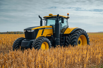 Obraz premium Modern farmer operating GPS-equipped tractor in golden cornfield at dusk