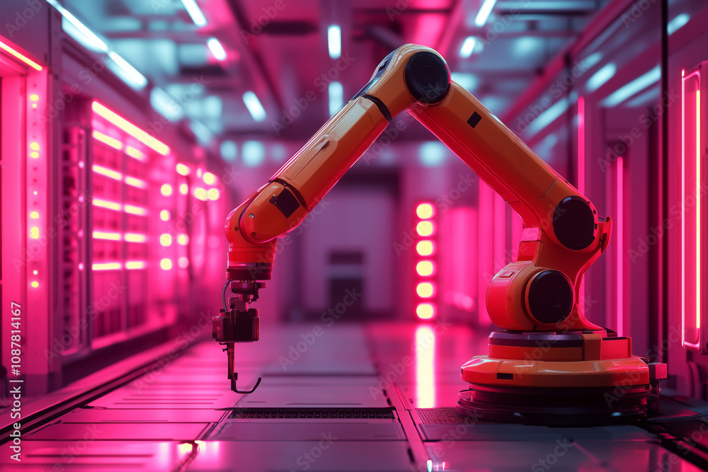 Poster a glimpse into the future with a robotic arm in a vibrant barn setting