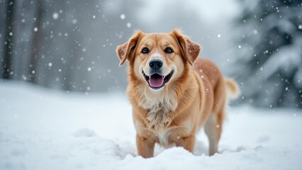 A happy golden retriever stands in fresh snow, playfully enjoying the winter landscape surrounded by snow-covered trees. Snowflakes gently fall around it