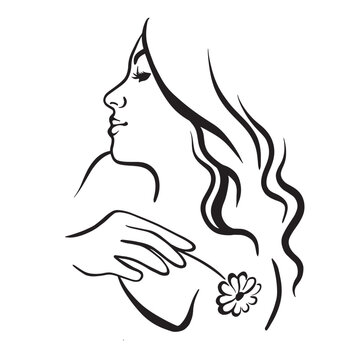recommend clip art: woman girl with flower daisy outline silhouette figure, monochrome colorless