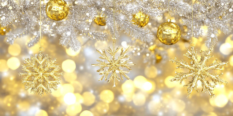 Golden snowflakes and ornaments on shimmering background