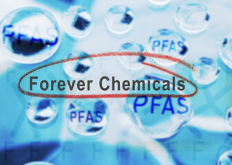 Water drops with PFAS and Forever Chemical text -- water contamination concept