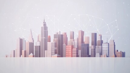 The smart city displays modern buildings linked by a sophisticated AI network, emphasizing urban advancement and connectivity. Generative AI
