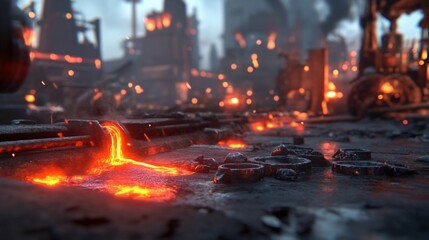 A fiery industrial landscape with molten lava and a smoky atmosphere.