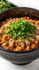 Food, Japanese Dish Natto, on White Background, Photo Realistic, Wallpaper, Cover and Screen for Smartphone, PC, Laptop, 9:16 and 16:9 Format