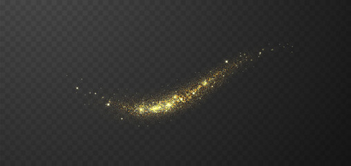 Flying golden glitter, scattered shiny particles, golden sparkle splash, shimmering stardust explosion isolated on dark background. Holiday decorations.
