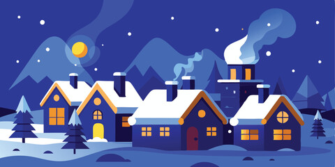Fototapeta premium Winter village scene with house and the moon in the background.